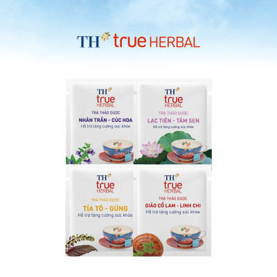 Bộ 4 hộp trà thảo dược TH true HERBAL Giảo cổ lam – Linh chi, Nhân trần – Cúc hoa, Lạc tiên – Tâm sen & Tía tô – Gừng (80 gói)