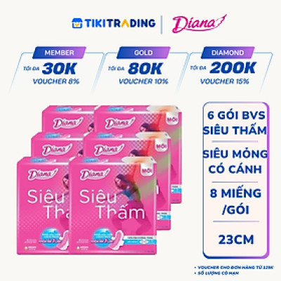 Combo 6 gói Băng vệ sinh Diana Siêu thấm siêu mỏng cánh 8 miếng