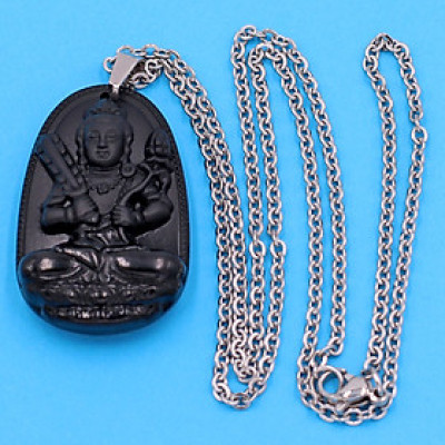 Vòng cổ phật Hư Không Tạng Bồ Tát - thạch anh đen 3.6cm DITTEB6 - dây inox bạc - tuổi Sửu, Dần