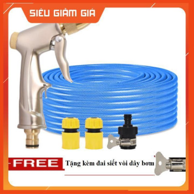 Bộ dây vòi xịt nước rửa xe, tưới cây . tăng áp 3 lần, loại 20m 206701-1 đầu đồng,cút,nối đen + tặng đai