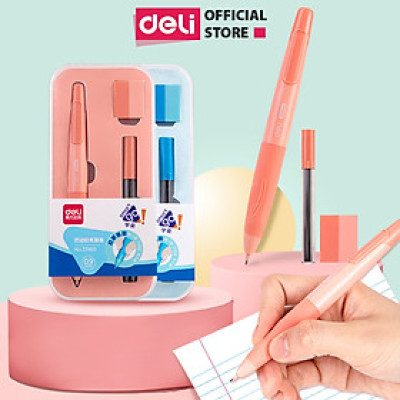 Set bút chì kim bấm ngòi kèm hộp ruột chì và tẩy cao cấp cho học sinh, văn phòng, tiện lợi, nhỏ gọn, màu sắc trẻ trung
