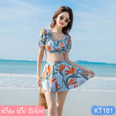 Bộ bơi 2 mảnh nữ thời trang, áo croptop vai bèo & quần váy điệu xinh, lưng trần cách điệu sexy, thun bơi co giãn cao, thoải mái dễ chịu khi mặc | KT181