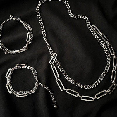 Set vòng cổ và vòng tay chuỗi xích titan thép không đen phong cách đường phố