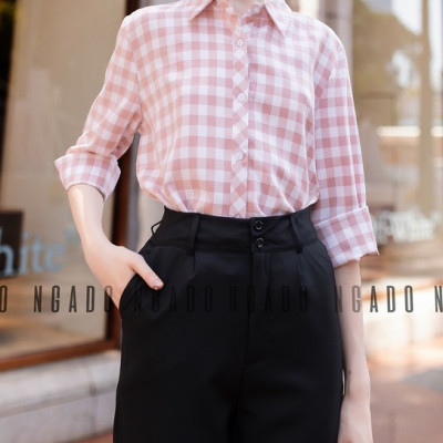 Áo sơ mi caro hồng dài tay NGADO