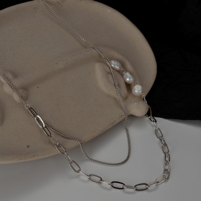 Dây chuyền vòng cổ titan hợp kim phối bất đối xứng hạt châu cá tính unisex nam và nữ