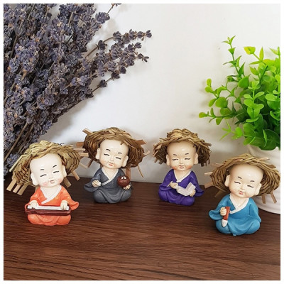 Bộ tượng chú tiểu nón nhẹ nhàng vẽ Cầm - Kỳ - Thi - Họa - 4 tư thế - Hàng chính hãng