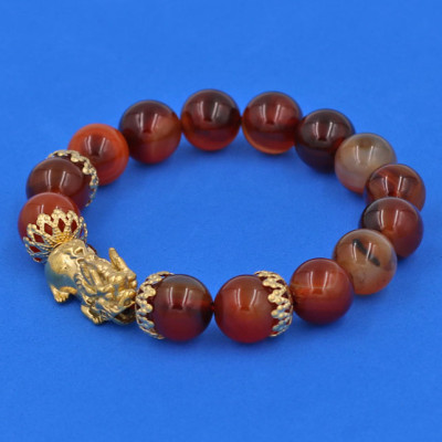 Vòng đeo tay Thạch Anh Nâu 12 ly - cẩn Tỳ Hưu Phong Thủy Chiêu Tài Lộc inox vàng VTANTHBKV12