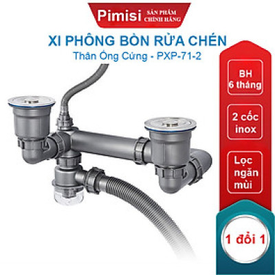 Bộ Xi Phông Xả Thải Bồn Rửa Chén 2 Hố Pimisi PXP-71-2 Cao Cấp - Loại Ống Thải Nhựa Cứng Không Đọng Nước - Cốc Inox 304 Phi 110mm (11cm), Lọc Rác, Bầu Chống Mùi Hôi Và Giảm Dầu Mỡ Ống Dẫn - Có Thoát Tràn | Hàng Chính Hãng