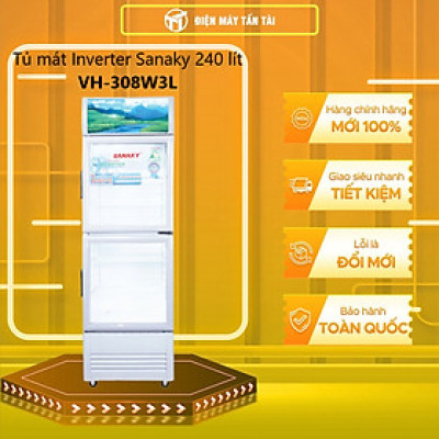 TỦ MÁT 2 CỬA SANAKY INVERTER 240 LÍT VH-308W3L NHÔM (LOW-E) (R600A) - hàng chính hãng