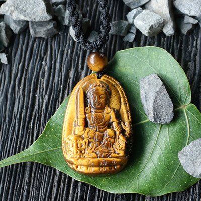 Mặt Dây Chuyền Văn Thù Bồ Tát Đá Mắt Hổ Ngọc Quý Gemstones GA97 (5 x 3 cm)