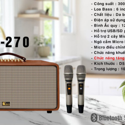 Dàn âm thanh di động KCBox KC-270 - Loa kéo, loa xách tay di động 3 đường tiếng - Hệ thống 2 Loa full 6 inch và 1 treble, 1 mid - Công suất đến 300W - Kết nối bluetooth 5.0, AUX, USB - Kèm 2 micro không dây UHF - Thiết kế cực sang trọng - Hàng nhập khẩu