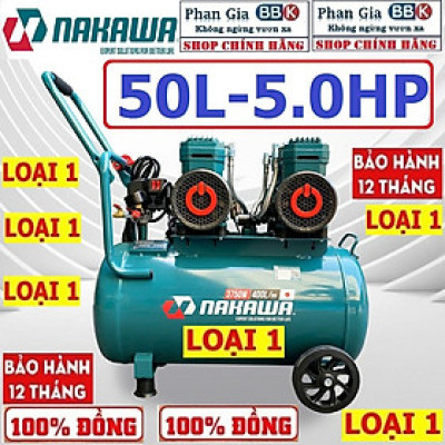 [chính hãƞg] Máy nén khí không dầu, tốc nhanh, siêu êm NAKAWA 50L - 5.0HP, 100% Dây đồng, Bảo hành 1 năm