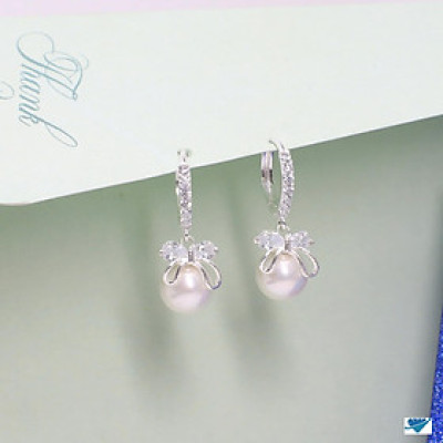 Bông tai bạc khuyên tròn hình nơ gắn trai chất liệu bằng bạc MS007