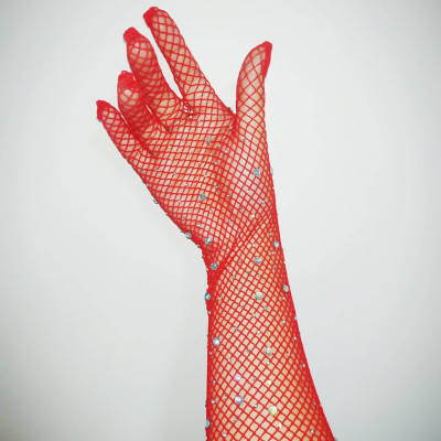 Găng tay sang chảnh màu đỏ dạng lưới đính đá lấp lánh cho Cô dâu và Dạ hội, đi tiệc, sự kiện, lễ hội, đạo cụ chụp ảnh, studio MS: 44839