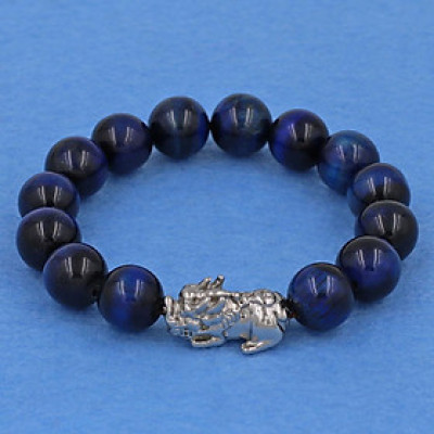 Vòng tay đá mắt hổ xanh đen 12 ly - cẩn Tỳ Hưu inox bạc VMHXETHT12 - hợp mệnh Mộc, mệnh Thủy