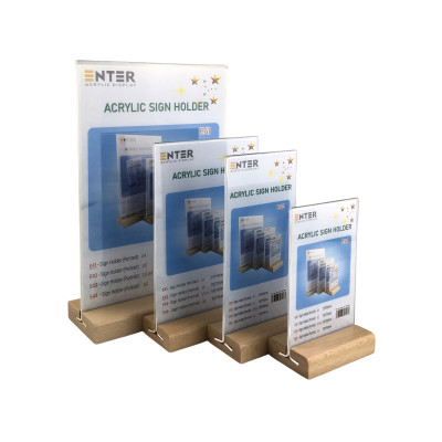 Kệ mica 2 mặt Enter E43 100x210mm đế gỗ 1/3A4 đứng, Kệ menu nhà hàng, Standee mica để bàn, Bảng quét mã QR Code
