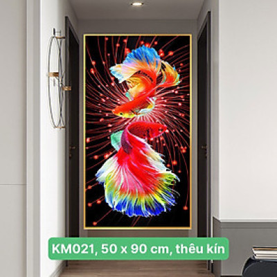 Tranh thêu kín Vũ điệu song ngư KM021, kích thước 50 *90 cm