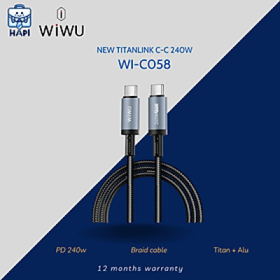 Cáp sạc hàng chính hãng WiWU Titanlink Wi-C058 240W C to C: Bọc dù, đầu hợp kim titan, siêu bền, chip E-Marker