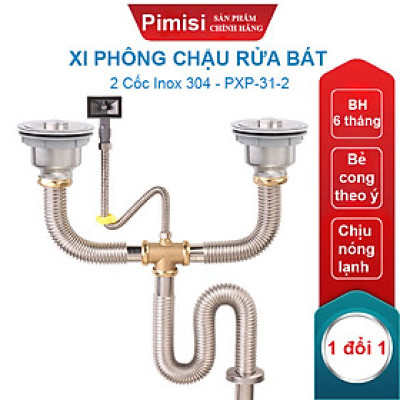 Xi Phông Chậu Rửa Bát 2 Hố Pimisi PXP-31-2 Inox Cao Cấp Kiểu Chun Uốn - Kim Loại Bẻ Cong Được, Thoát Nước Nhanh, Dùng Để Xả Thải Nước Bồn Rửa Chén 2 Hộc Thu 110 Inox 304, Chống Mùi Hôi Và Côn Trùng Gián, Chuột Cắn Phá - Có Đầu Thoát Tràn | Hàng Chính Hãng