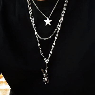 Vòng cổ titan thép 3 lớp ngôi sao và đầu thỏ cực chất