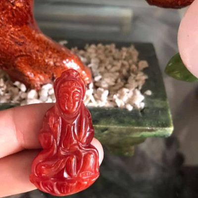 MẶT DÂY CHUYỀN NỮ Size Vừa C44mm xN23mm xS6mm  PHẬT QUAN ÂM ĐÁ CẨM THẠCH ĐỎ ĐẬM ĐẸP  NAM NỮ MỆNH HOẢ THỔ