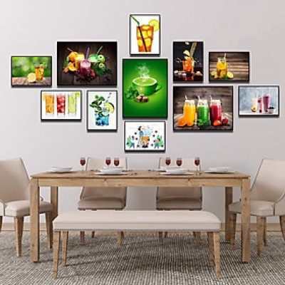 (HCM) Bộ 11 khung ảnh treo tường nước ép, sinh tố trang trí quán cà phê kèm đinh treo