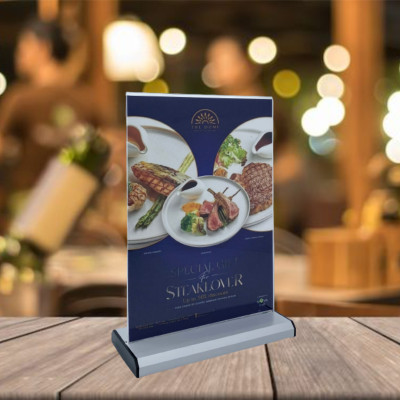 Kệ menu nhà hàng, Standee mica để bàn, Bảng quét mã QR Code, Kệ mica 2 mặt Enter E32 100x210mm đế nhôm 1/3 A4