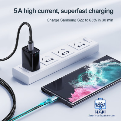 Cáp sạc bọc dù C to C hàng chính hãng Joyroom 100W, đèn tín hiệu, đầu kim loại