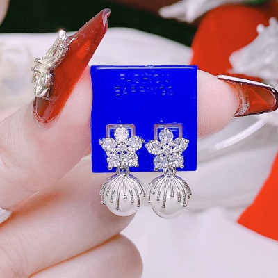 Bông tai bạc hoa treo trai chất liệu bạc s925 MS75b