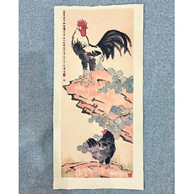 Tranh in giấy dó - Tranh Gà trống Từ Bi Hồng - Tranh gà Đại cát trên giấy dó - Tranh giấy dó