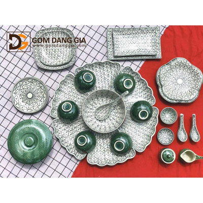 Bộ đồ ăn mặt trời + phụ kiện Bát Tràng vẽ tay khắc hoa men lục bảo S6