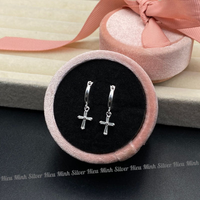  Hoa Tai Bạc Ta 925 Hình Thánh Giá Đính Đá Bạc Hiểu Minh HT393