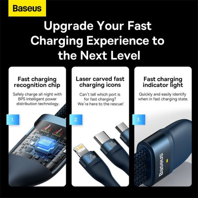 Cáp sạc nhanh đa năng 3 đầu Baseus Flash Series II 3in1 Fast Charging Cable (USB-A+ Type C to Micro + L + Type C, 100W) -Hàng chính hãng