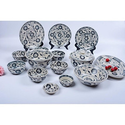 Bộ bát đĩa men rạn cổ. Gốm sứ Bát Tràng cao cấp.