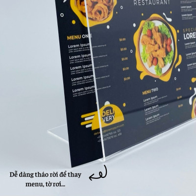 Kệ mica 1 mặt Enter F06-L 50x35mm A9 ngang, Kệ menu chữ L, Khung thông tin sản phẩm, Khung bảng giá, Kệ trưng bày để bàn