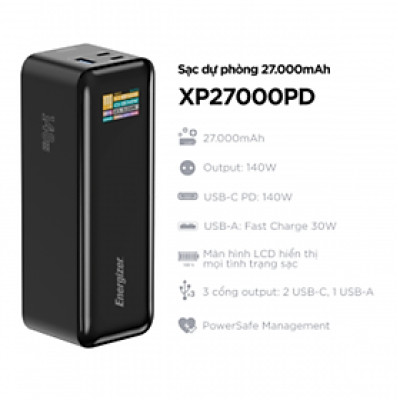 Sạc dự phòng Energizer PD140W 27,000mAh/3.6V Li-ion, hỗ trợ sạc cho Laptop, chống cháy nổ - Hàng chính hãng bảo hành 12 tháng