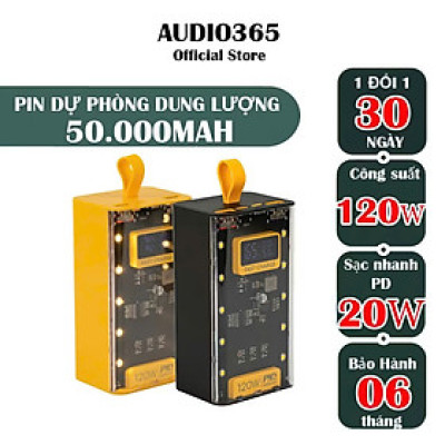 Pin Sạc Dự Phòng 50000mah Tặng cáp sạc nhanh PD 22.5w Trong Suốt Có đồng hồ Hiển Thị Thông Số Sạc Hàng Nhập Khẩu