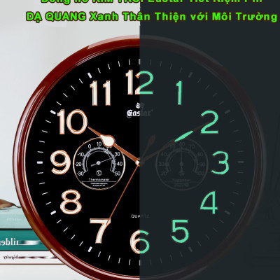 Đồng Hồ Treo Tường Có DẠ QUANG Và NHIỆT ẨM KẾ CƠ (Không Dùng Pin) - Máy EASTAR KIM TRÔI - SỐ NỔI 3D - Tặng Pin Maxell