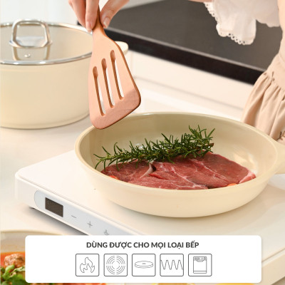 Chảo chiên chống dính phủ gốm Hàn Quốc size 24cm cán gỗ đáy từ