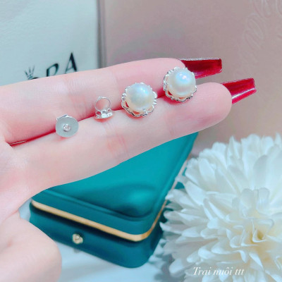 Bông tai bạc nụ trai chốt ren xoáy chất liệu bạc s925 MS0650
