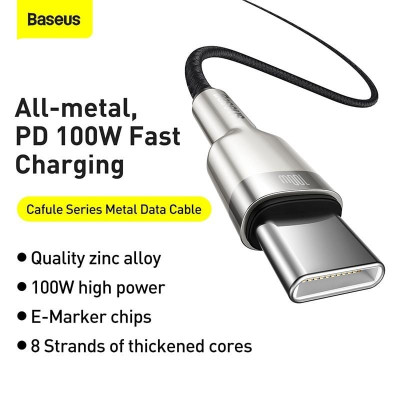 Cáp sạc siêu nhanh 100W truyền dữ liệu Baseus Cafule Series Metal Data Cable Type-C to Type-C (100W) - Hàng Chính Hãng