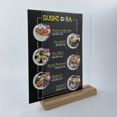 Kệ mica 2 mặt Enter E42 150x210mm đế gỗ A5 đứng, Kệ menu nhà hàng, Standee mica để bàn, Bảng quét mã QR Code