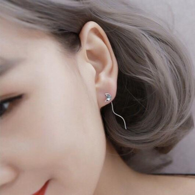 Khuyên tai bạc 925 sao xanh thả xích độc đáo bắt mắt lung linh Dế Bạc - K5212