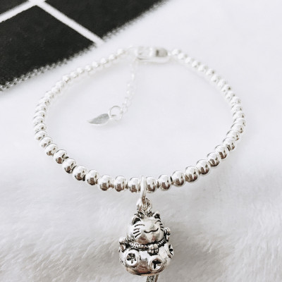 Lắc bi bạc 3mm mèo may mắn - Ngọc Quý Gemstones