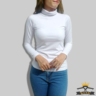 Áo cổ lọ nữ tay dài dáng ôm màu đen trắng, Dáng ôm Chất COTTON cao cấp co giãn T14