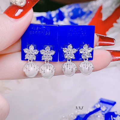 Bông tai bạc hoa treo trai chất liệu bạc s925 MS75b