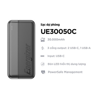Sạc dự phòng Energizer 30,000mAh/3.7V Li-Polymer UE30050C - Hàng chính hãng bảo hành 2 năm 1 đổi 1