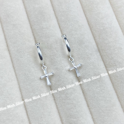  Hoa Tai Bạc Ta 925 Hình Thánh Giá Đính Đá Bạc Hiểu Minh HT393