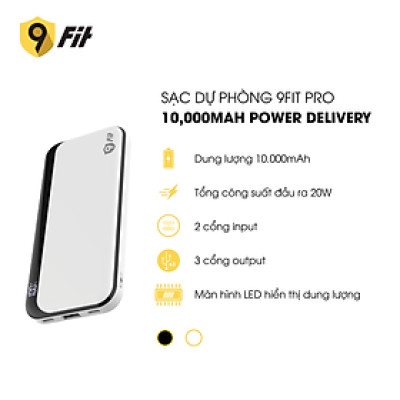 Sạc dự phòng 9FIT Pro 10,000mAh /3.7V Li-Polymer - 9PP10K04B, hỗ trợ sạc nhanh - Hàng chính hãng