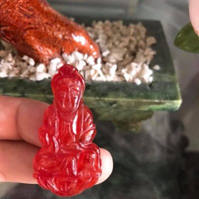 MẶT DÂY CHUYỀN NỮ Size Vừa C44mm xN23mm xS6mm  PHẬT QUAN ÂM ĐÁ CẨM THẠCH ĐỎ ĐẬM ĐẸP  NAM NỮ MỆNH HOẢ THỔ